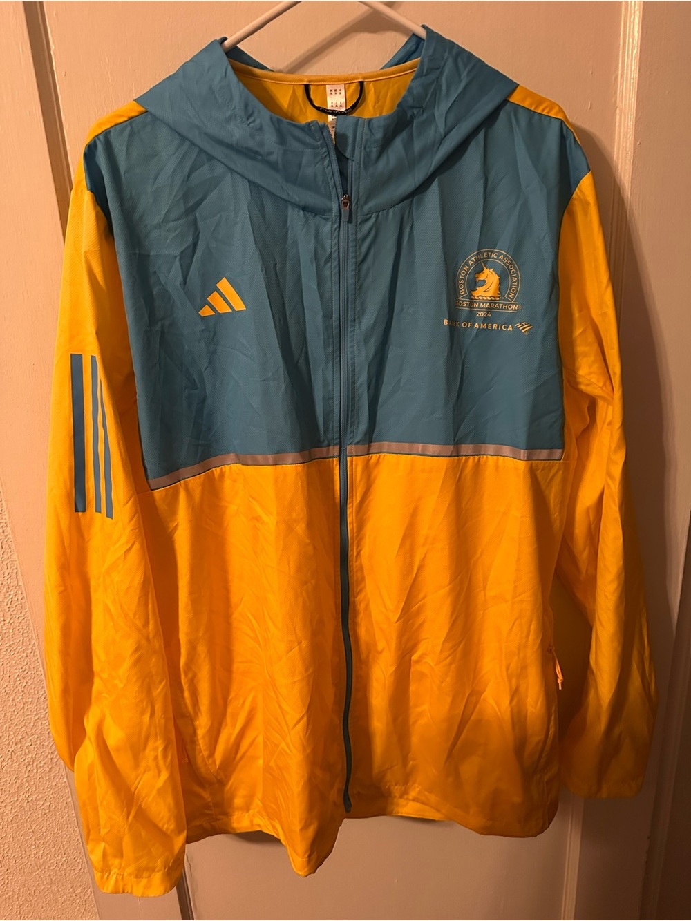 Adidas 2024 Boston Marathon Blue & Yellow Hooded Windbreaker Jacket